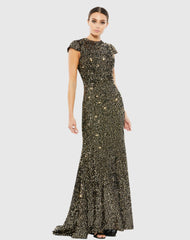 Black and Gold Cap Sleeve High Neck Sequin Gown