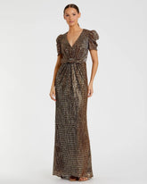 Brown Bow Waist Cap Sleeve Metallic Gown
