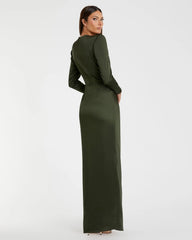 Dark Green Long Sleeve Satin Structured Bow Draped Column Gown