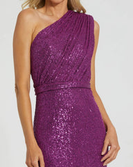 Dark Purple Sequined Ruched One Shoulder Gown