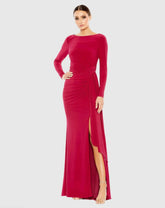 Red Ruched Long Sleeve Cowl Neck Gown