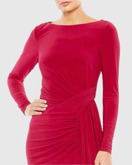 Red Ruched Long Sleeve Cowl Neck Gown