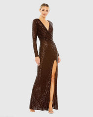 Sequined Long Sleeve Faux Wrap Ruched Gown