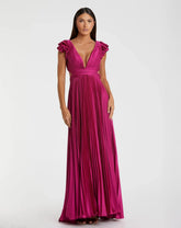 Fuchsia Pleated Ruffled Cap Sleeve Cut Out Lace Up Gown - FINAL SALE