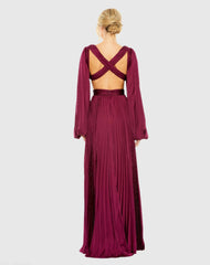 Red Long Sleeve Pleated Charmeuse Cut Out Gown