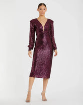 Purple Sequined Structured Bishop Sleeve Midi Dress