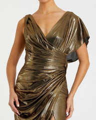 Gold Asymmetrical Draped Metallic Trumpet Gown