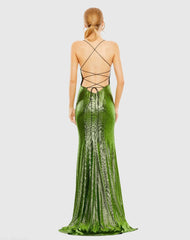 Green Metallic Corset Back Column Gown
