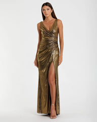 Gold Metallic Ruched Front Slip V-Neck Gown
