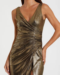 Gold Metallic Ruched Front Slip V-Neck Gown