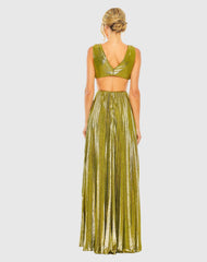 Green Pleated Metallic Cutout Gown