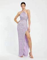 One Shoulder Ruched Side Front Slit Sequin Gown