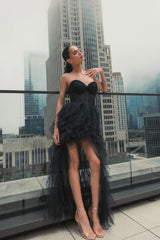 Black Strapless Bustier Net Gown With Spiral Ruffles