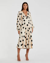 Beige Polka Dot Charmeuse Long Sleeve V Neck Midi Dress