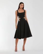 Black Sleeveless Crepe Rhinestone Cutout Midi Dress