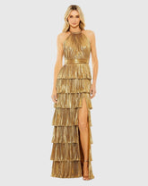Gold High Neck Pleated Tiered Ruffle Metallic Gown