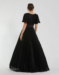 Black Pleated Shimmering Flutter Sleeve Gown