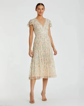 Beige Multicolor Embroidered V Neck Cap Sleeve Midi Dress