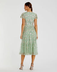 Green Multicolor Embroidered V Neck Cap Sleeve Midi Dress