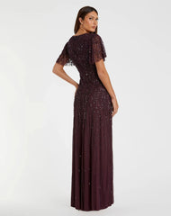 Purple Embellished Flutter Sleeve Gown