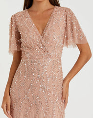 Pink Embellished Flutter Sleeve Gown