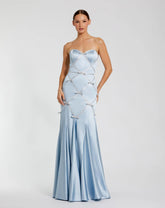 Blue Strapless Satin Trumpet Dress With Bow Details