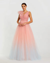 Pink Ruffle Shoulder V Neck Ombre Tulle Ballgown