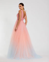 Pink Ruffle Shoulder V Neck Ombre Tulle Ballgown
