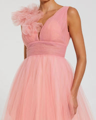 Pink Ruffle Shoulder V Neck Ombre Tulle Ballgown