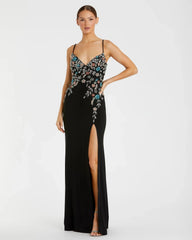Black Multi Color Beaded Floral Cami Gown