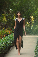 Black V Neck Embellished Cap Sleeve Faux Wrap Slit Gown