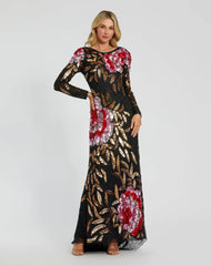 Black Embellished Floral Long Sleeve Gown