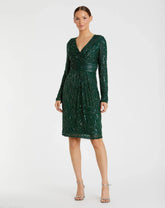 Green Long Sleeve Embellished Sequin Cocktail Dress