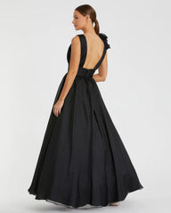 Black Ruffle Shoulder V-Neck Chiffon Gown