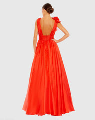 Red Ruffle Shoulder V-Neck Chiffon Gown