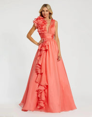Coral Ruffle Shoulder V-Neck Chiffon Gown