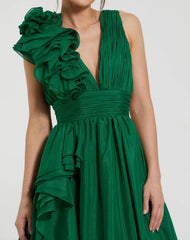 Emerald Green Ruffle Shoulder V-Neck Chiffon Gown