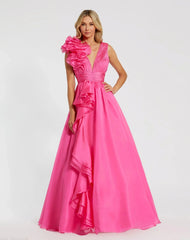 Ruffle Shoulder V-Neck Chiffon Gown