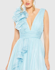 Light Blue Ruffle Shoulder V-Neck Chiffon Gown