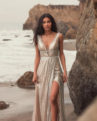 Silver Metallic Plunge Neck Sequined Gown
