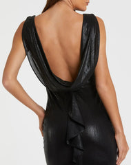 Black Metallic Jersey Cowl Back Column Gown