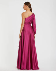 Purple Long Sleeve One Shoulder Satin High Low A-line Gown