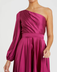 Purple Long Sleeve One Shoulder Satin High Low A-line Gown