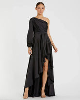 Black Long Sleeve One Shoulder Satin High Low A-line Gown