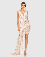 Pink Floral Print Asymmetrical Ruffle Hem Dress