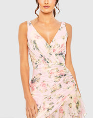 Pink Floral Print Asymmetrical Ruffle Hem Dress