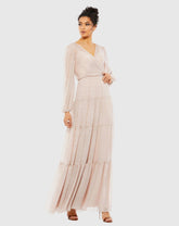 Pink V Neck Tiered Ruffle Gown