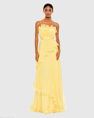 Pleated Tiered Ruffled Strapless Gown