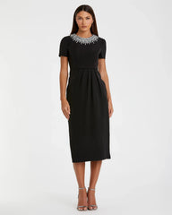 Black Short Sleeve Rhinestone Neckline Sheath Dress