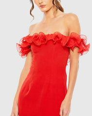 Red Off the Shoulder Ruffle Detail Column Gown